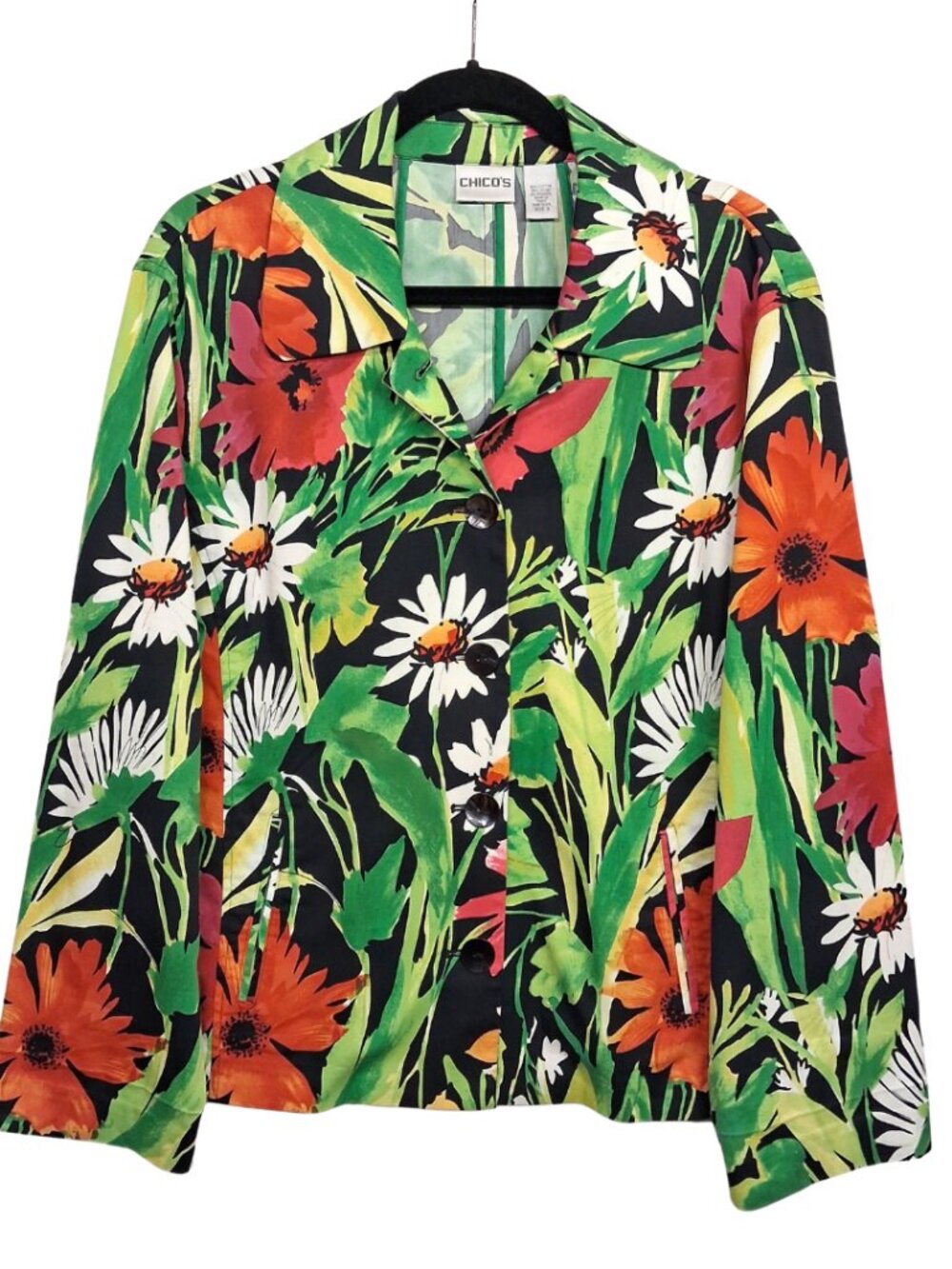 CHICO'S Floral Jacket Colorful Tropical Print Button Front Long Sleeve 3 (XL)
